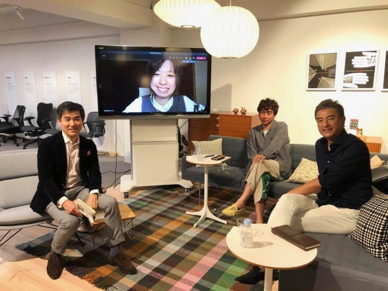 石巻を舞台にしたテレワークの実験をテーマに開催されたオンラインイベントでの1枚。左から松崎 勉さん、中央画面が渡邊享子さん、その隣が野村大輔さん