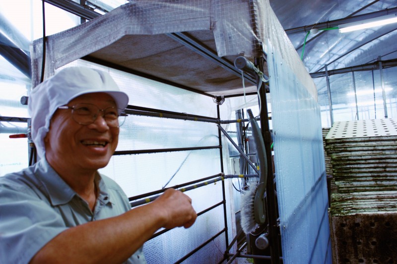 ひむか野菜光房を案内しながら、社員自らが開発した機械を自慢気に紹介してくれる執行役員 経営企画室室長・加藤凌介さん