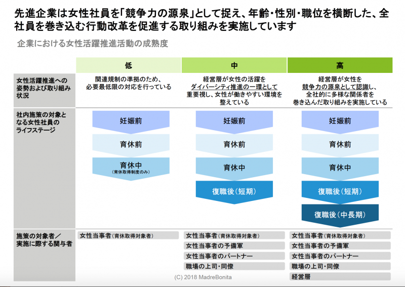 (マドレボニータがデロイトと共に作成した営業資料より)企業における女性活躍推進活動の成熟度を指標化