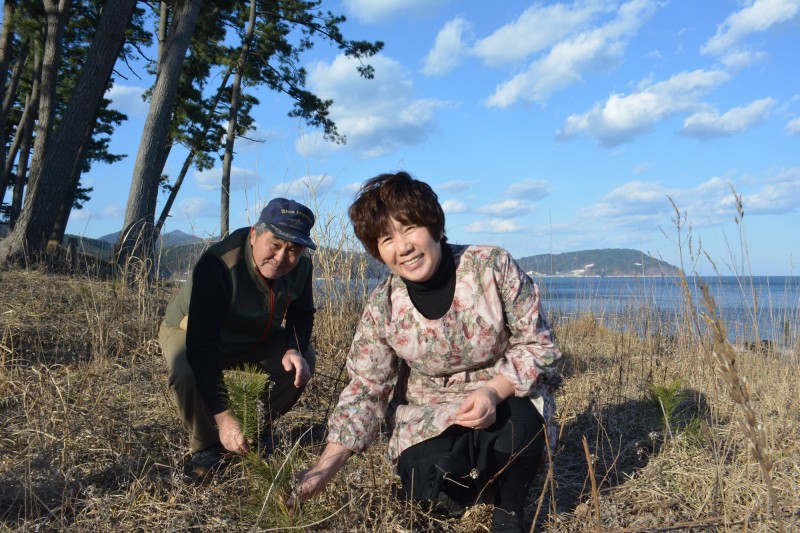 海岸のマツ林復活に取り組む岩崎昭子さん(右)と漁師さん