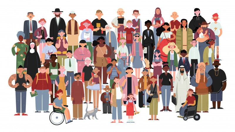 Socially diverse multicultural and multiracial people on an isolated white background. Happy old and young women and men with children, as well as people with disabilities standing together. Vector