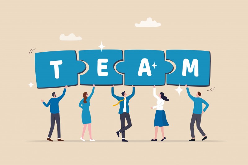 Team puzzle jigsaw connect, teamwork solving problem or cooperation for team success, collaboration idea, colleague work together concept, business people coworker help connect team jigsaw.