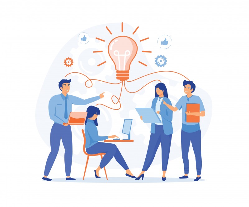 collaboration brainstorming, Sharing and search business ideas. Finding creative solutions to tasks, office workers share ideas, flat vector modern illustration