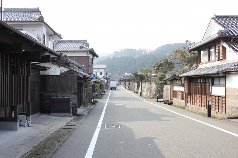 飫肥の街並み。遠くに山が望める