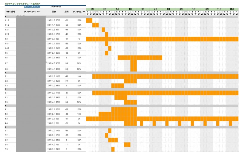 嘉正さんが5社の仕事を管理するために作っている管理表