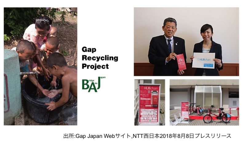 (写真左:Gap Japan×BAJ協働企画「Gap Recycling Project」のWebサイトより、右:NTT西日本でのシェアサイクリングサービス開始プレスリリースより)